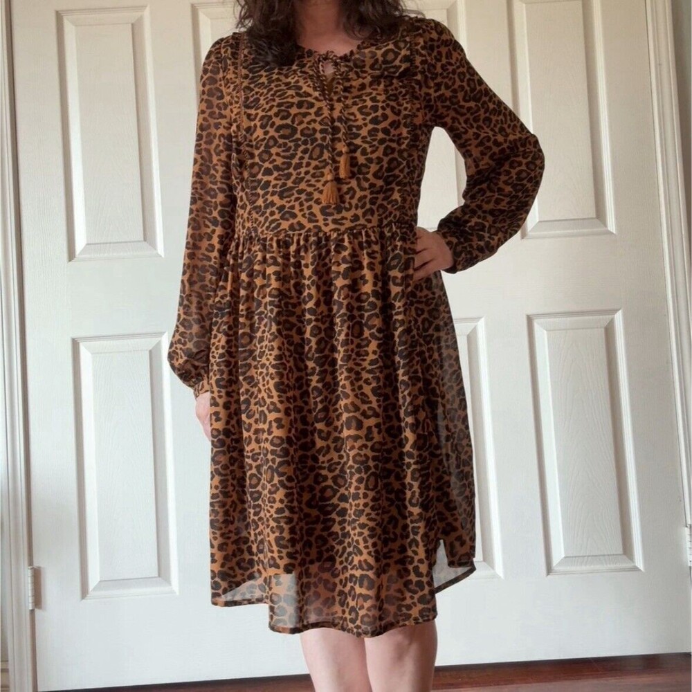 Womens Babydoll Dress Sz Small Leopard Lined Tassel Animal Print Boho Brown
